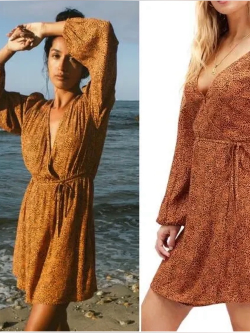 Billabong Rust Brown V-Neck Long Sleeve Wrap Dress